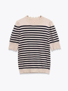 Detail of scalloped edges and striped knit texture on this elegant short sleeve top