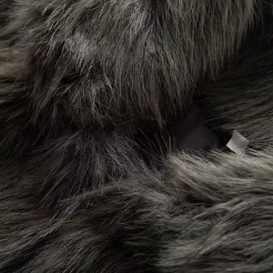 Detail of dark charcoal faux fur material showing soft texture and high fluffiness