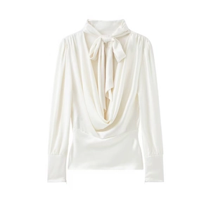 Blouse Élégante en Satin Blanc avec Col Bénitier Taille Froncée Manches Longues Chemise Bureau Fête Femme Top