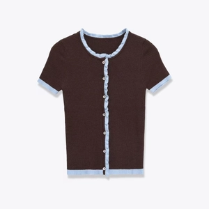 Women Short Sleeve Knitted Cardigan Contrast Color Ruffle Trim Ribbed Knit Button Down Sweater Top For Summer Daily Wear