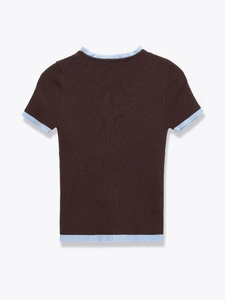 Detail view of the contrasting ribbed blue trim on a brown short sleeve knit top