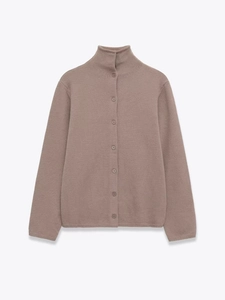 Detail of mocha knit cardigan with mock neck, ribbed texture and button closure