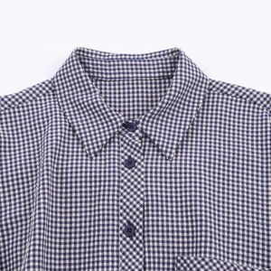 Classic blue and white gingham long sleeve shirt with point collar and dark buttons