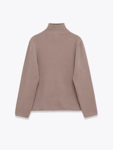 Detailed back view of a slim-fit knit sweater with ribbed cuffs and hem in dark khaki