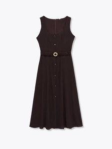 Detail view of coffee midi dress with elastic waist, gold buckle belt and front buttons