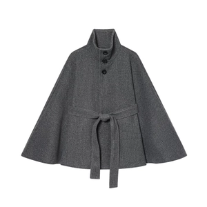 Elegant grey high-collar wool poncho coat with waist tie and black buttons
