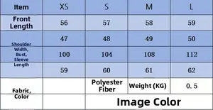 Size chart for women's casual jacket showing measurements in XS to L for polyester fabric