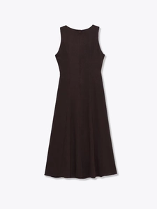 Detail of a dark brown sleeveless midi dress featuring a textured fabric and a back zipper