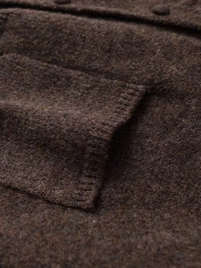 Detailed view of deep brown knitted cardigan featuring a ribbed pocket and plush texture