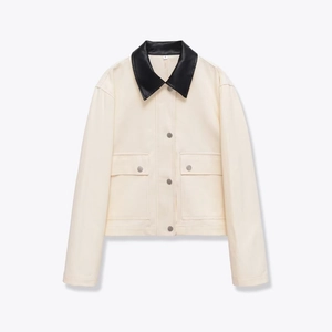 Women Fashion Casual Cargo Short Jacket Off White Contrast Black Faux Leather Lapel Button Up Outwear Coat With Pockets