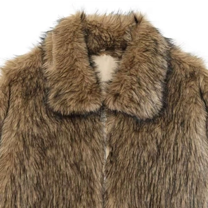 Women's winter faux fur jacket in tan with lapel collar and metal zipper detail