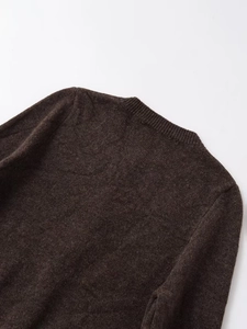 Detail of dark coffee knit sweater showing round neck texture and soft wool fibers