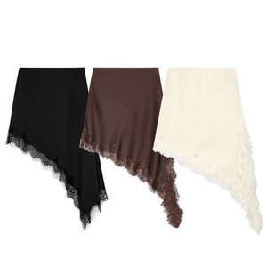 Three elegant satin midi skirts with asymmetric lace hems in black, brown and cream