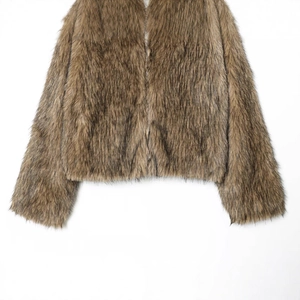 Women's faux fur jacket in tan mixed color with high-shine plush texture and metal zipper