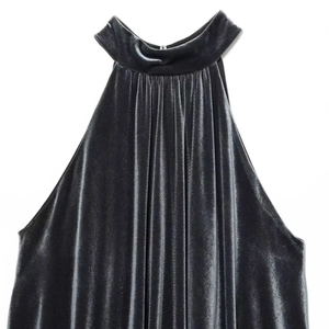 Women's velvet halter top in dark grey with pleated high-neck and metallic finish