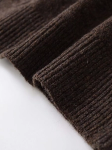 Detail shot of the vertical ribbed texture on a dark brown knit cardigan sweater