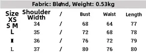 Detailed size chart for velvet textured layered dress including XS to L measurements