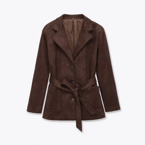 Women's dark brown faux suede jacket with belt, lapel collar and buttons in mid-length