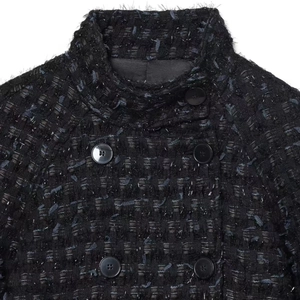 Women's dark tweed cropped jacket with stand collar and double-breasted buttons