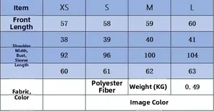Tableau des tailles détaillé pour la veste décontractée avec tissu et poids info