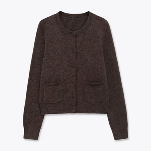 Women Casual Round Neck Long Sleeve Knitted Cardigan Sweater Solid Color Button Up Jacket With Pockets Warm Polyester Top