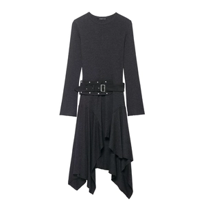 Robe Midi Asymétrique Élégante pour Femme Manches Longues Avec Ceinture à Oeillets Métalliques Automne Hiver Slim Fit