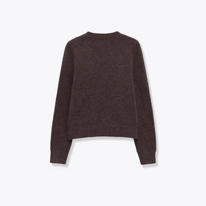 Slim-fit dark brown crewneck knit cardigan sweater with ribbed edges in soft wool texture