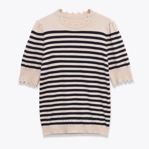 Women Casual Striped Knit Top Scalloped Trim Hollow Out Round Neck Half Sleeve Pullover Sweater Elegant French Style Top
