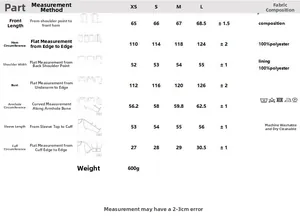 Size chart for women's reversible jacket showing measurements for XS to L in centimeters
