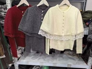 Close-up of knit cardigans featuring elegant pearl buttons and delicate white lace hems