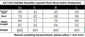 Size chart table for mini dress featuring lapel collar and shoulder pads details