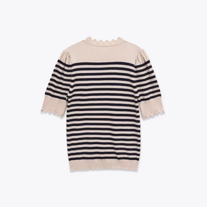 French style striped knit short sleeve top with scallop trim and puff sleeves