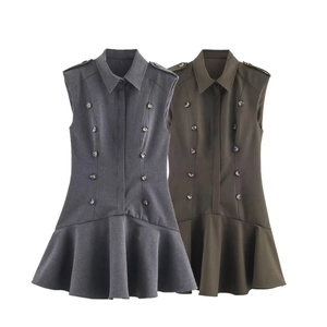 Elegant Double Breasted Sleeveless Mini Dress With Shoulder Pads Lapel Collar Ruffle Hem Commuter Dress For Women