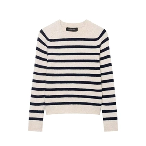 Women's Casual Striped Knit Sweater Crew Neck Long Sleeve Pullover Apricot Navy Blue French Style Soft Knitwear Top