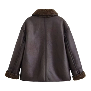 Women's dark brown reversible sherpa lined faux leather jacket with fleece collar