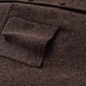 Dark brown knit cardigan with ribbed pocket detail and premium wool texture