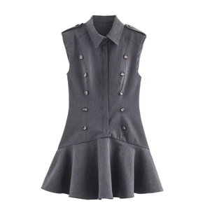 Dark grey sleeveless blazer dress with double-breasted buttons and pleated hemline