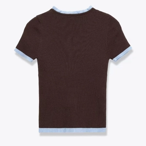 Women's slim fit rib-knit short sleeve top in coffee brown with contrast blue trim
