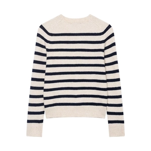 Classic round neck striped knit sweater in cream and navy blue, back view on white background