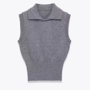 Gilet en Maille Décontracté pour Femmes Col Rabattu Sans Manches Polo Pull-over Ourlet Côtelé Gris Tricot Mode Bureau