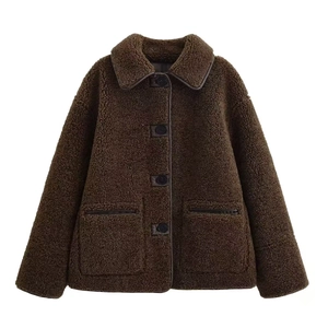 Women's dark brown faux shearling jacket with lapel collar and large buttons