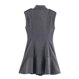 Deep grey sleeveless blazer dress with padded shoulders and ruffled hem back view