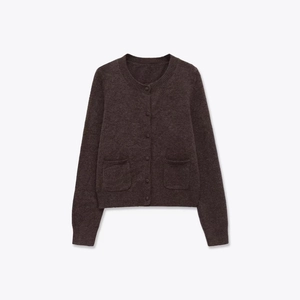 Minimalist women's dark brown knit cardigan with crew neck and front pockets