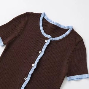 Short sleeve knit cardigan in brown and light blue contrast with elegant ruffled edges