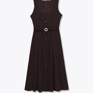 Women Elegant Square Neck Sleeveless Midi Bodycon Dress With Belt Gold Button Solid Color Commuter Summer Dress