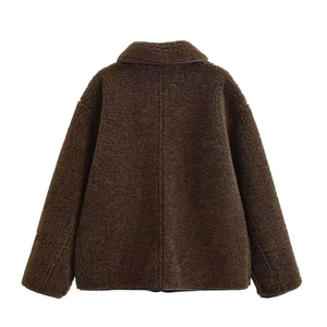 Deep brown reversible fleece jacket with lapel and leather piping on a back view