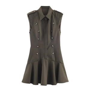 Olive green sleeveless mini dress with lapels, shoulder pads and double-breasted detail