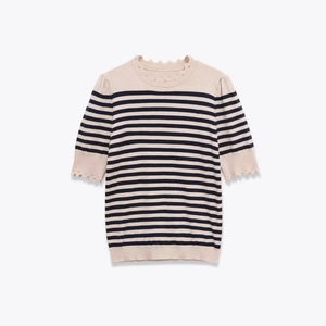 Short sleeve knit top with black and white stripes and hollowed out wave edges