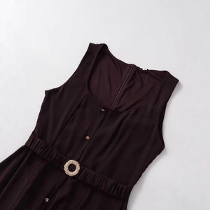 Women's dark brown sleeveless midi dress with square neck, gold buttons and belted waist