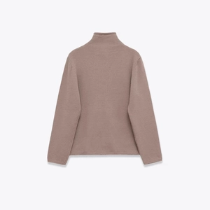 Slim fit lotus pink mock neck knit sweater with ribbed cuffs and long sleeves